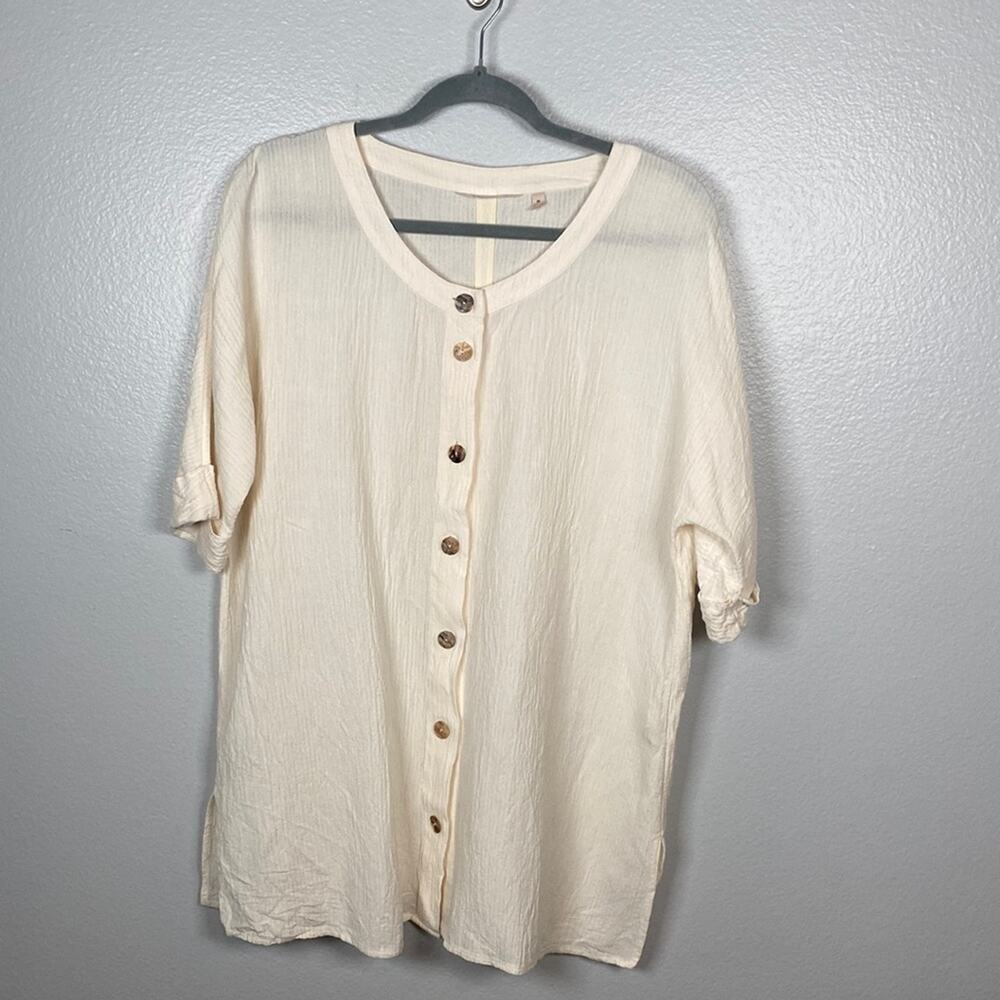 Soft Surroundings cream gauze button front tunic blouse round collar medium